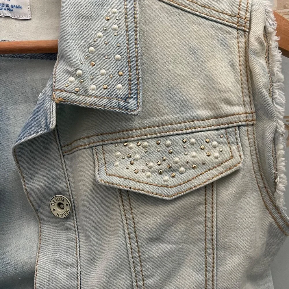 Mayoral Girls Denim Vest Size 10 Pearl Studded Light Wash Jean Jacket Western